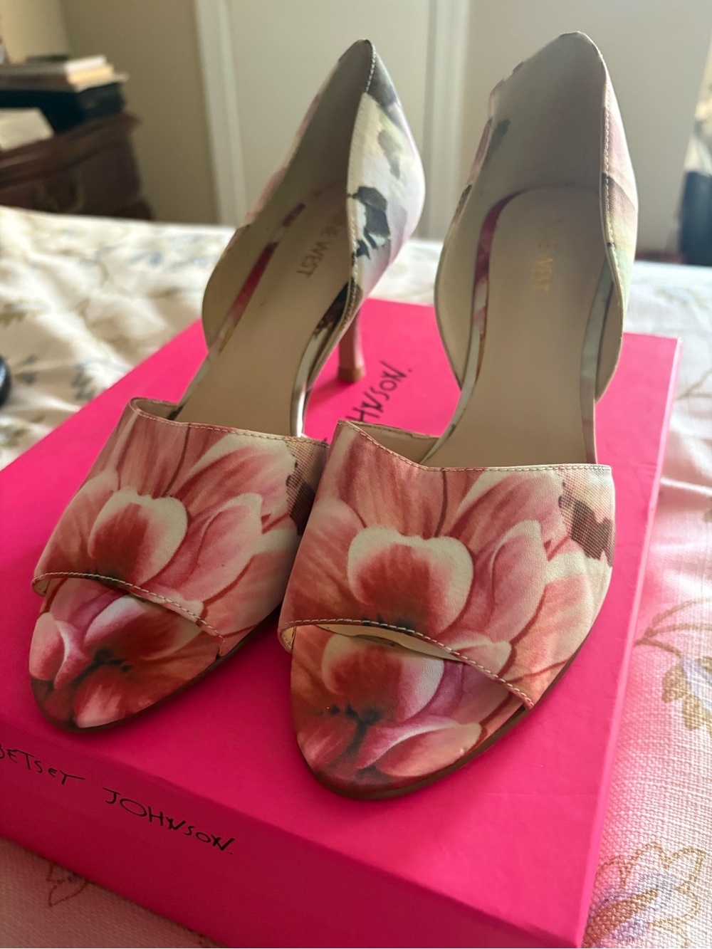Nine West Pink Floral D'Orsay Peep-Toe Heels